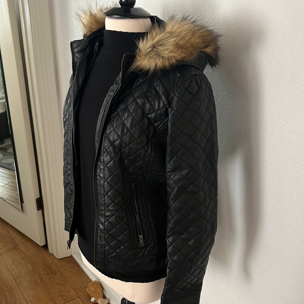 Bar III fur lined hood faux leather jacket